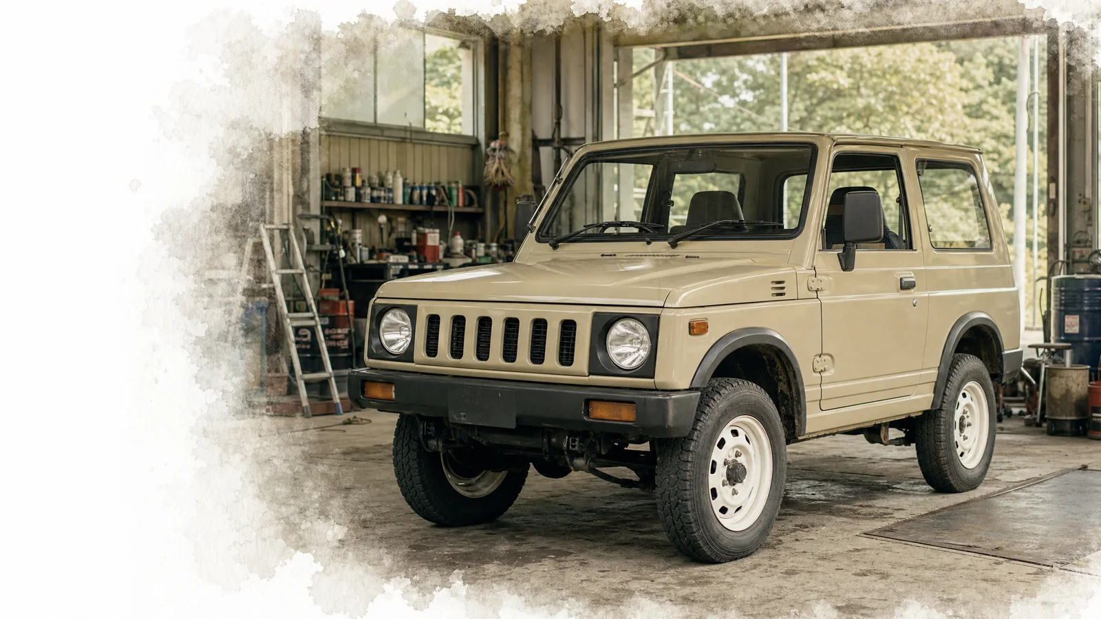 ガレージに停められた1990年代の軽四駆オフロード車